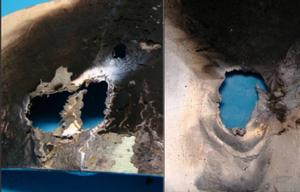 This pair of photos shows the damage done to the outer cover of a "representative cruise missile threat" by Northrop Grumman's Gamma laser.